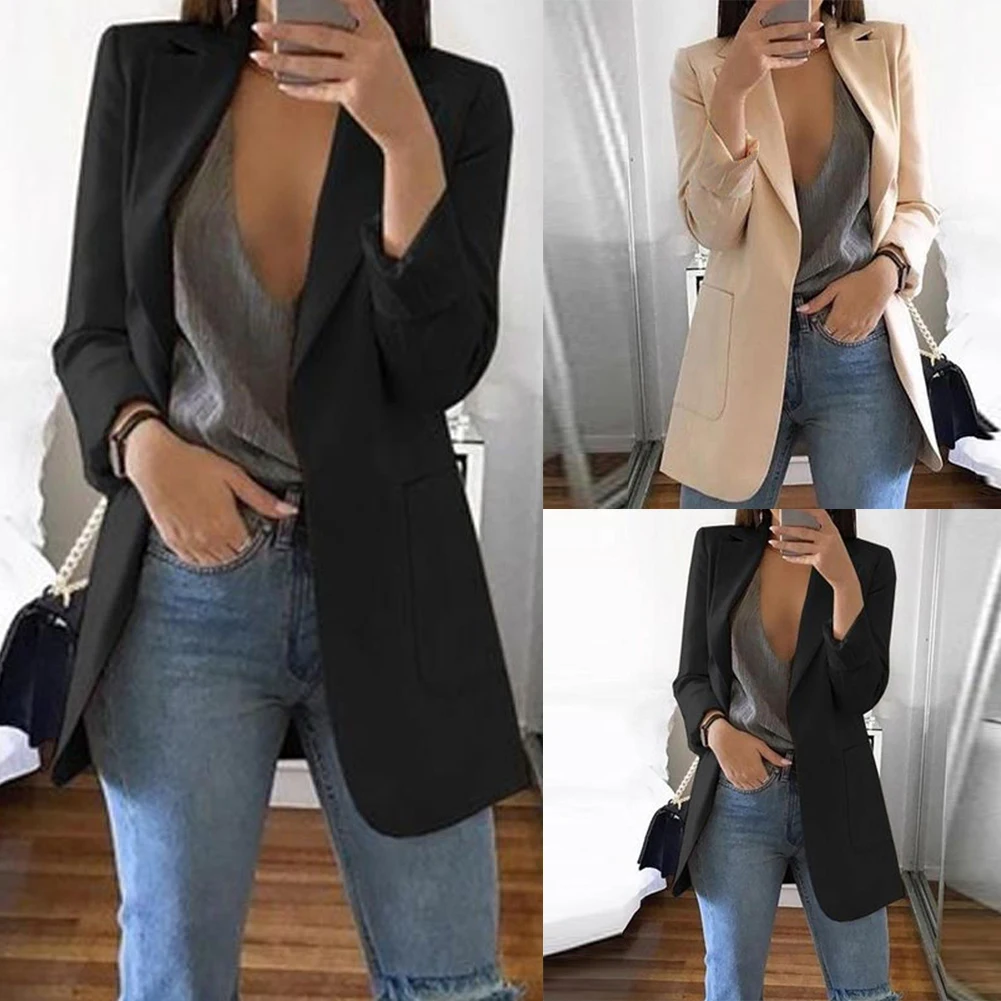 Fashion Slim Blazers Women Autumn Suit Jacket Female Work Office Lady Suit Black with Pockets Business Notched Blazer Coat