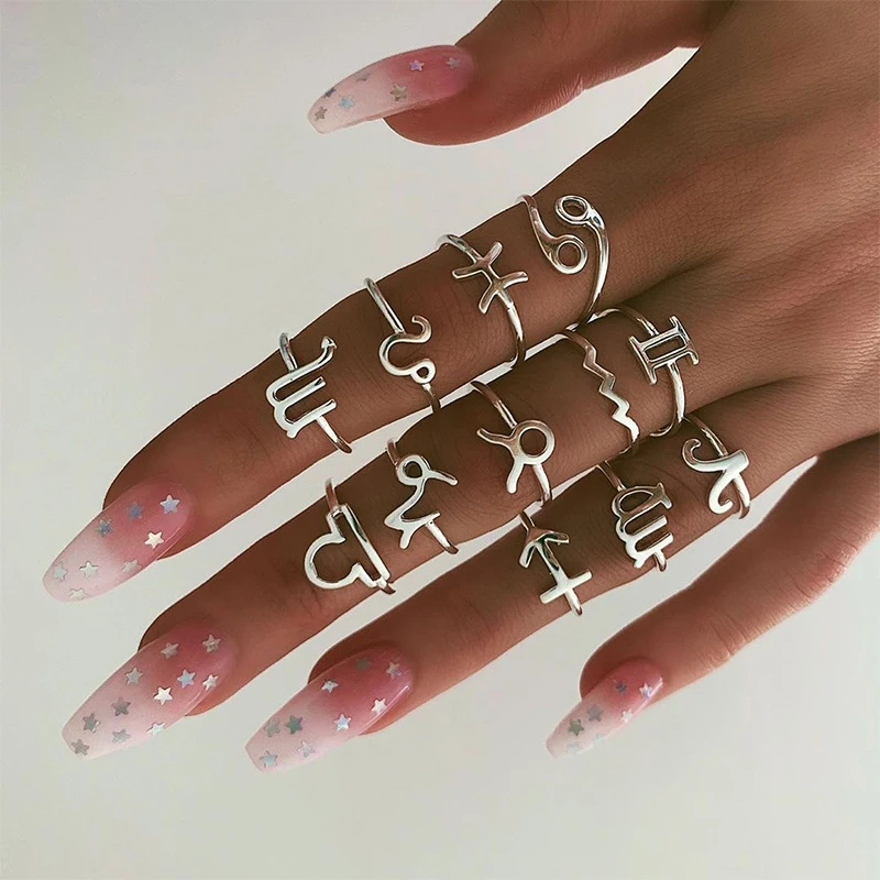 

Vintage 12 Zodiac Constellation Rings Set For Women Cancer Leo Virgo Libra Rings Horoscope Sign Fashion Jewelry Girls Gift