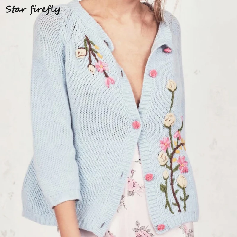 Star firefly ladies knit cardigan 2019 autumn hand-embroidered small flower Slim casual sweater for sweet girl |