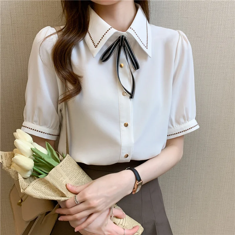 

2021 New Korean Style Commuter Short Sleeve Bow Chiffon Shirt Embroidered Loose Casual Women's Summer