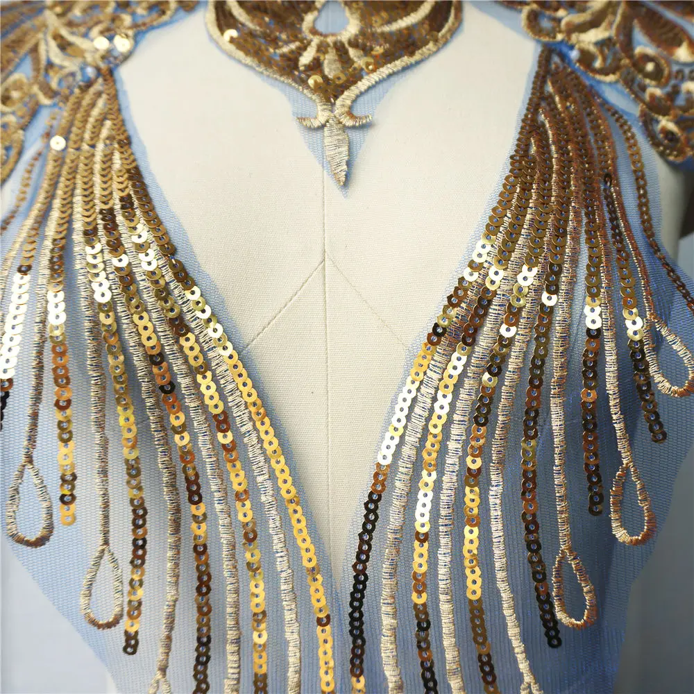 1 комплект золотые блестки кружевная ткань благородное платье Аппликации синяя