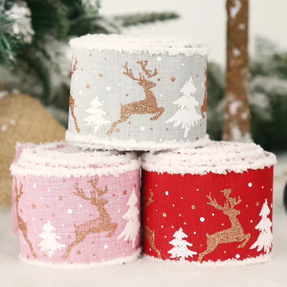 

86.5cm Linen Printed Elk Color Ribbon Christmas Decorations Christmas Tree Accessories Gift Box Packaging Tape Christmas Decor