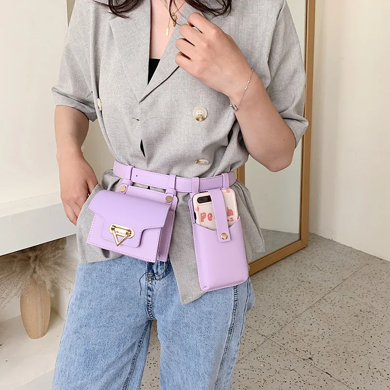 

Fashion PU Leather Moto Rivet Chest Bag 2021 Women Waist Pack Two Piece Set Phone Key Money Crossbody Bag Lady Casual Bust Bag