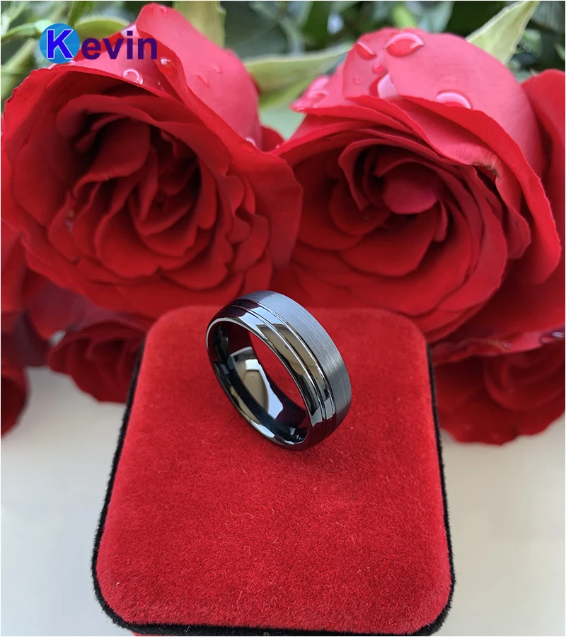 Мужское обручальное кольцо черное из карбида вольфрама с двойным офсетным пазом