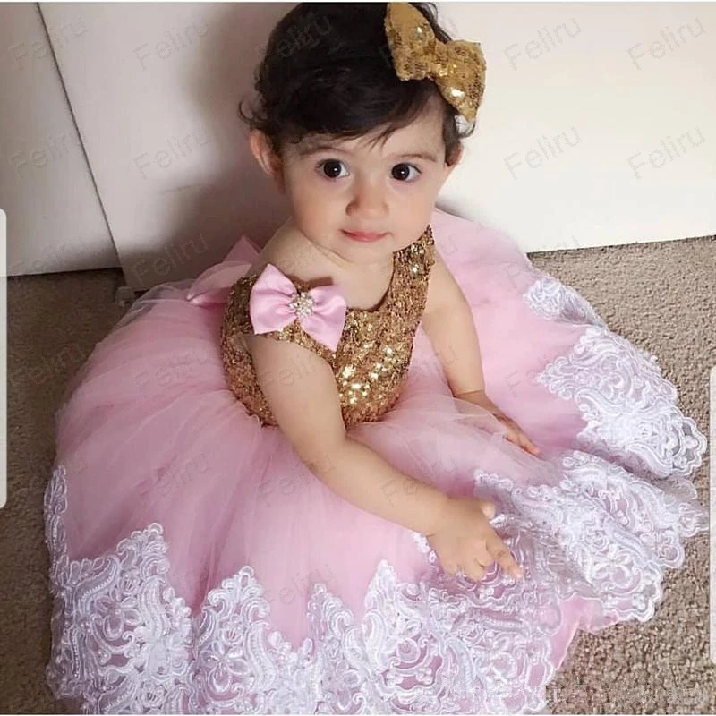 Vestidos de flores de encaje rosa para niña, vestido de bola con lentejuelas doradas, vestidos de tul para niña pequeña, vestidos de boda Vintage para comunión y desfile
