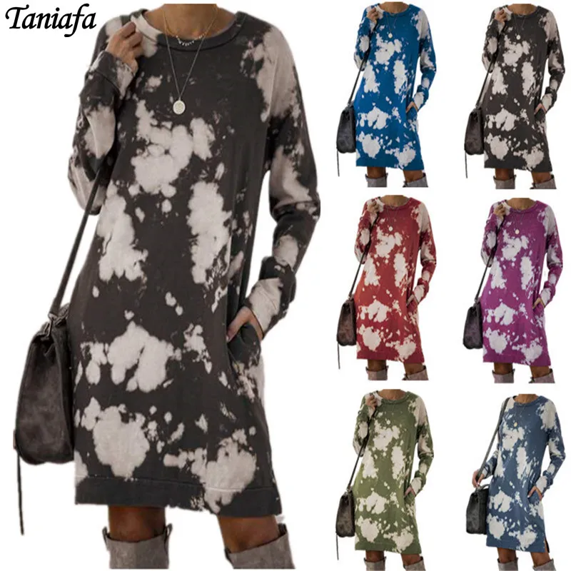 

Осенне-зимнее женское модное платье с принтом в виде галстука, с круглым вырезом, с длинным рукавом, повседневные свободные платья с кармана...