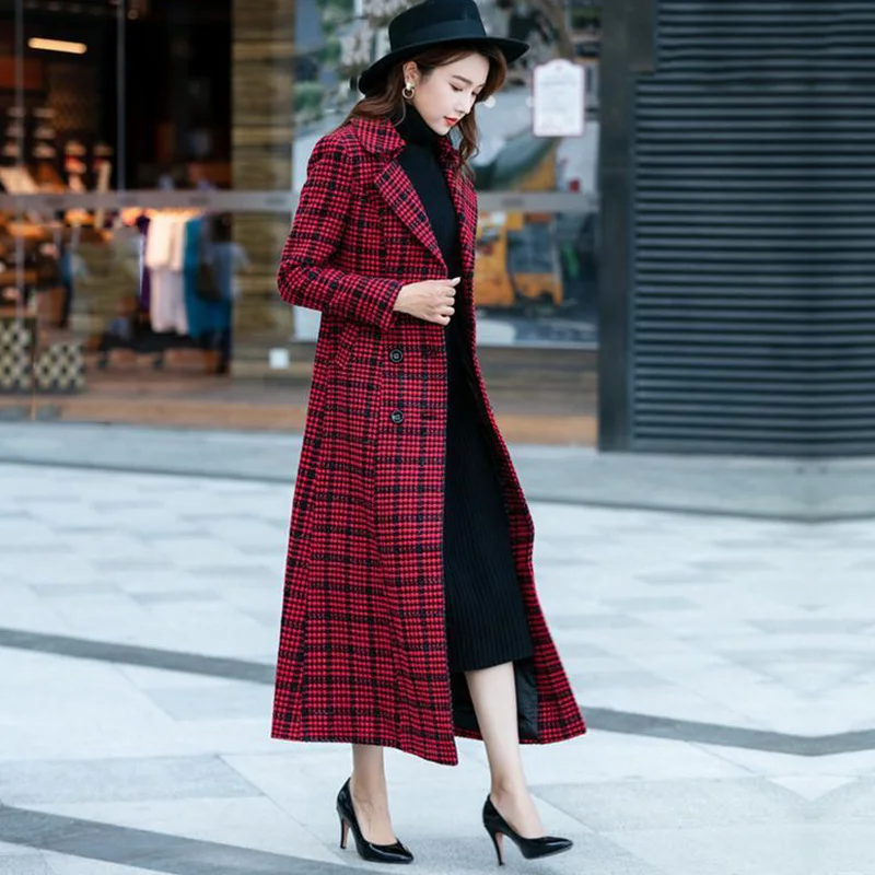 Женское шерстяное пальто популярный зимний стиль 2020 клетчатое средней длины