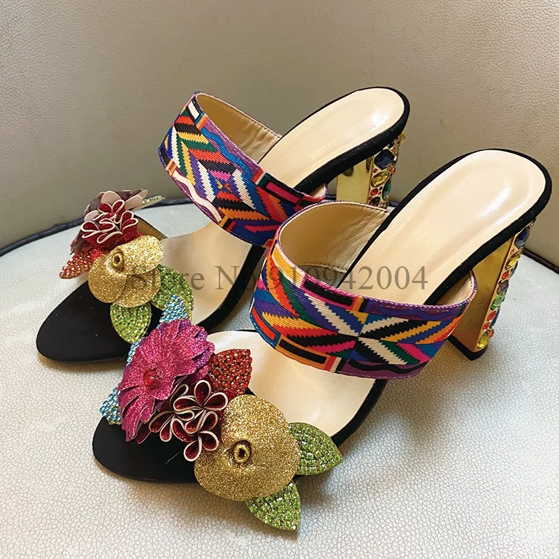 

Handmade Flower Strappy Sandals Women Jeweled Crystal High Heels Open Toe Rhinestone Summer Slide