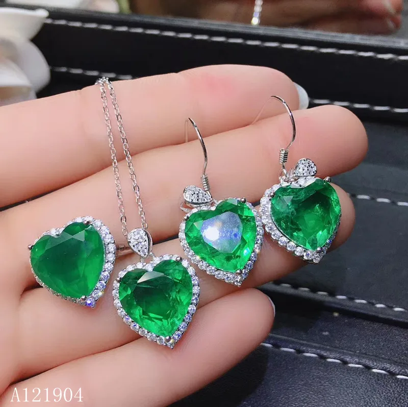 

Fine Jewelry 925 Pure Silver Chinese Style Natural Emerald Women's Luxury Popular Heart Gem Pendant Ring Earring Set Support Det