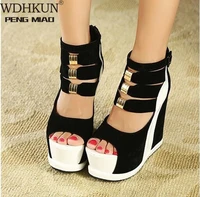 woman shoes 2020 summer genuine women platform thick soles sandals wedges high heel 14cm peep toe mixed colors sexy shoes