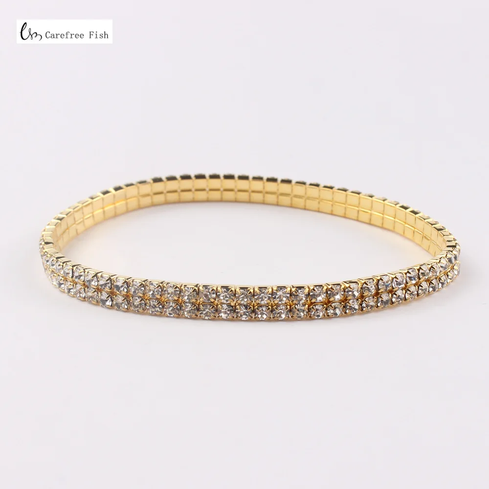 2 Row Anklet Gold Эластичный браслет стретч-Сандалеты с перепонкой на лодыжке в Для женщин в богемном стиле с украшением в виде кристаллов браслет Cheville Босиком Сандалии браслеты Tobilleras Mujer ног Ювелирные изделия - Окраска металла: 2 Row Anklet Gold