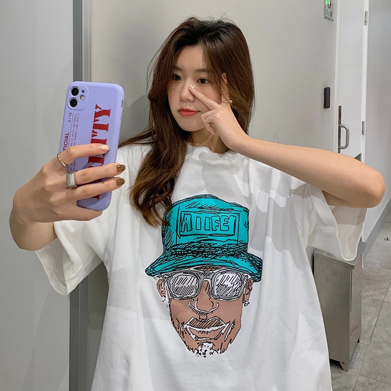 

Real photo 2021 New Retro portrait printed loose medium long short sleeve T-shirt