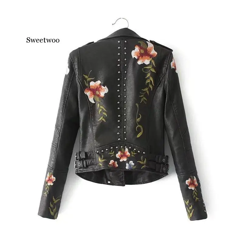 Women Floral Print Embroidery Faux Soft Leather Jacket Coat  Turn-down Collar Casual Pu Motorcycle Black Punk Outerwear