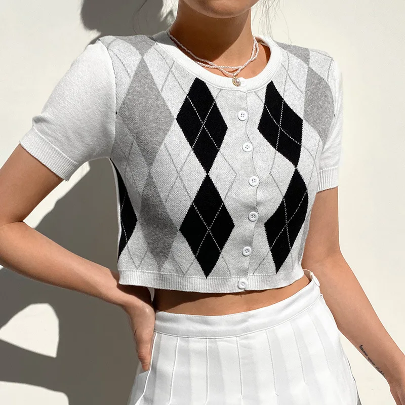 

Plaid Straight Short Sleeve Tops Femme Single Row Button Vintage Casual O Neck Tank Top Crop Knitwear 2021 Spring New Arrived