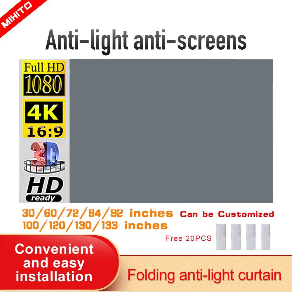MIXITO Projektor Einfache Vorhang 16:9 Anti-Licht Bildschirm 30 72 84 92 100 106 120 130 133 Zoll Hause außen Büro Tragbare 3d HD