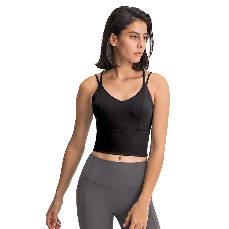 

New nude long hem sports bra, sexy sling, cross-back sports bra