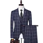 Костюмы для мальчиков (пиджак + жилет + брюки) 2021 Для мужчин uxedo плед деловые блейзерымужской тонкий чистый хлопковый костюм из трех предметовв клетку с принтом человек Наряд жениха, S-4XL