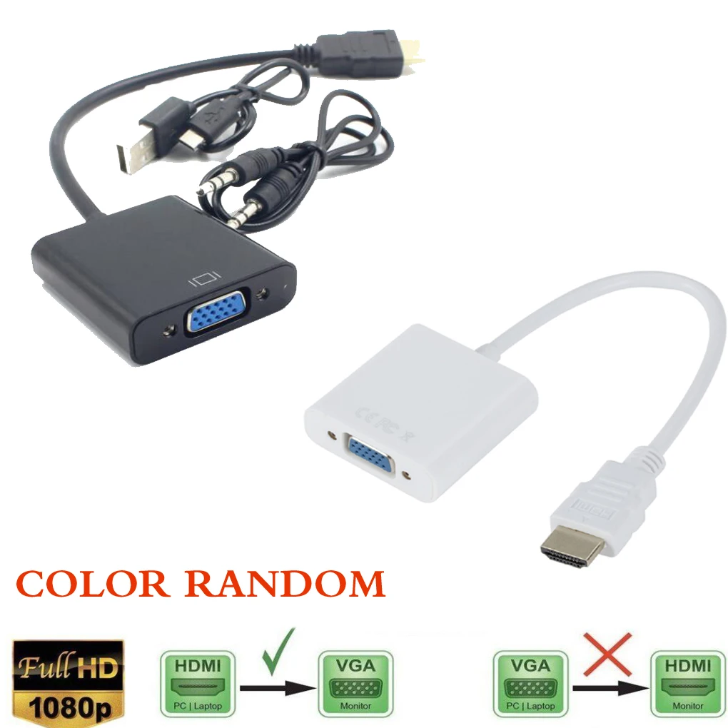 

Portable 1080P HD to VGA Adapter Converter Cable + USB Power 3.5mm Audio Cable HDTV PC Random Color
