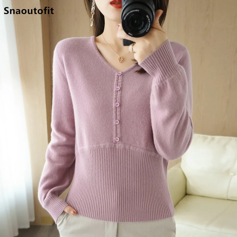 

Autumn Winter New Pure Woolen Sweater Women's Self-Cultivation V-Neck High-Waist Short Section Top Knitted Base Pullover Sweater