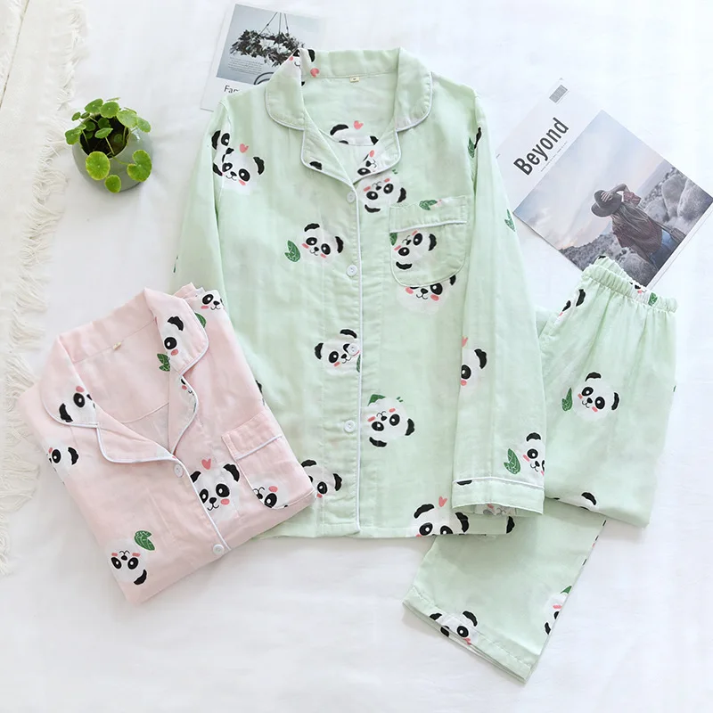 

Spring/ Autumn Pajamas for Women Pure Cotton Gauze Cute Panda Long Sleeve Trousers Ladies Sleepwear Set Loose Comfy Home Wear