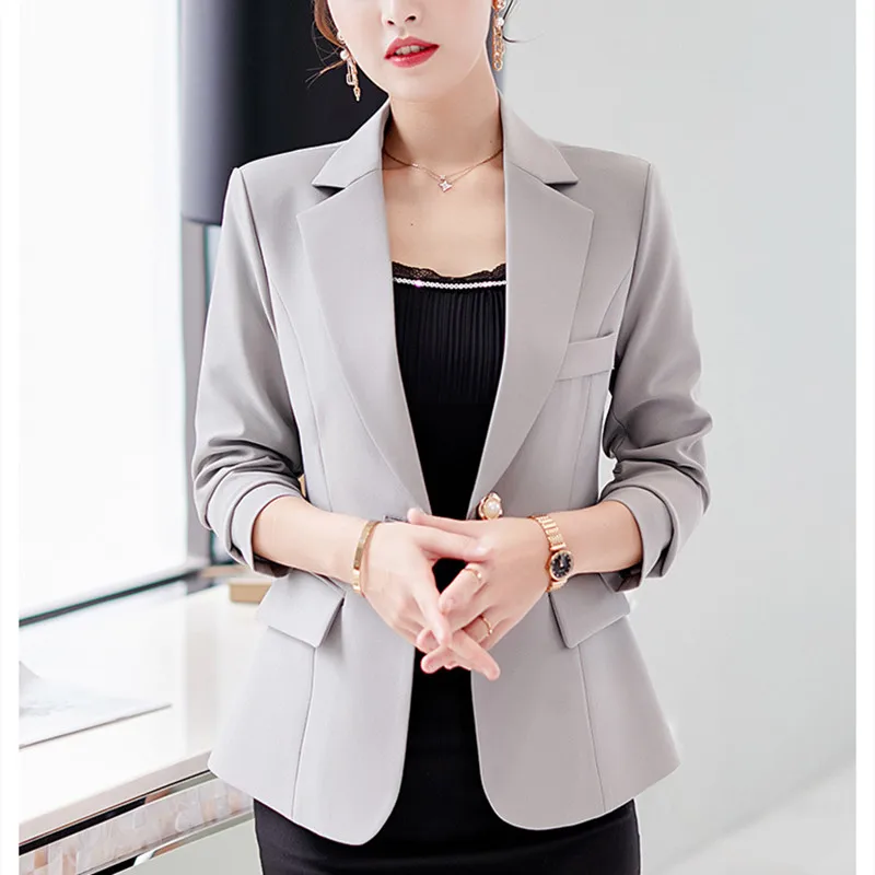 

Весенне-осенняя приталенная Женская деловая куртка для работы и офиса с отворотом, однотонное пальто серого и черного цвета, модные женские...