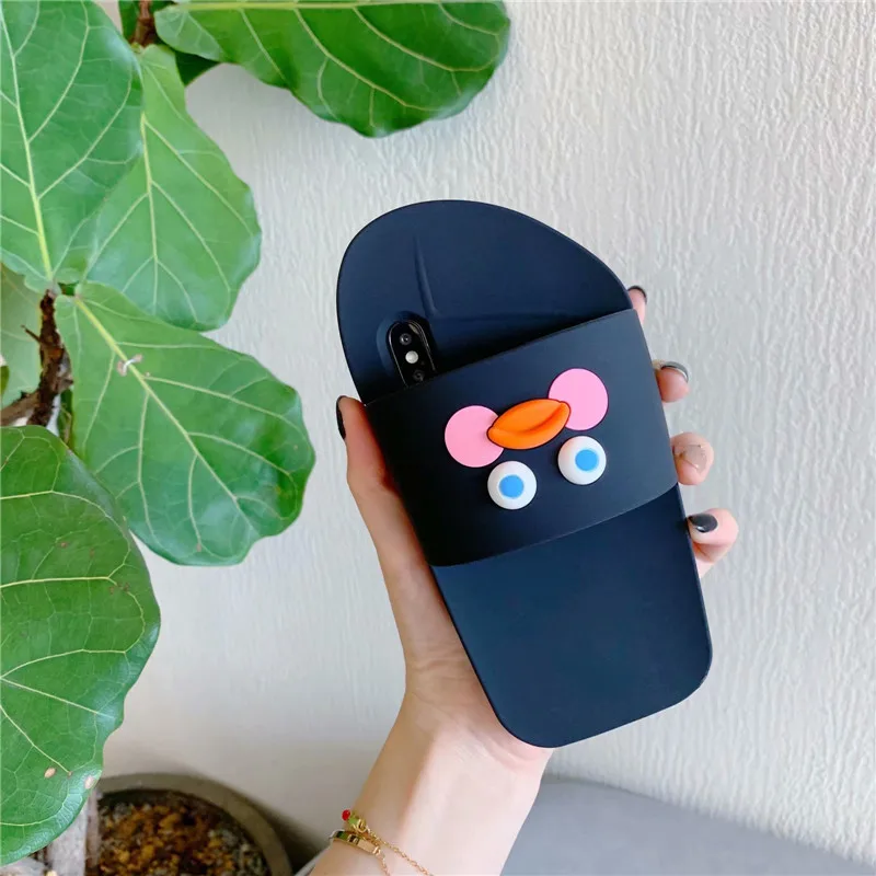 3D Leuke/домашние тапочки с рисунком из мультфильма Brother Gele Eend, Telefoon Gevallen Voor Iphone6 6s 7 8 Plus X XR XS MAX, SiliconenCover - Цвет: Черный