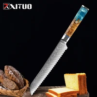 xituo 8 inch serrated bread knife damascus steel octagonal handle kitchen knives brand high quality cake knife cooking tools