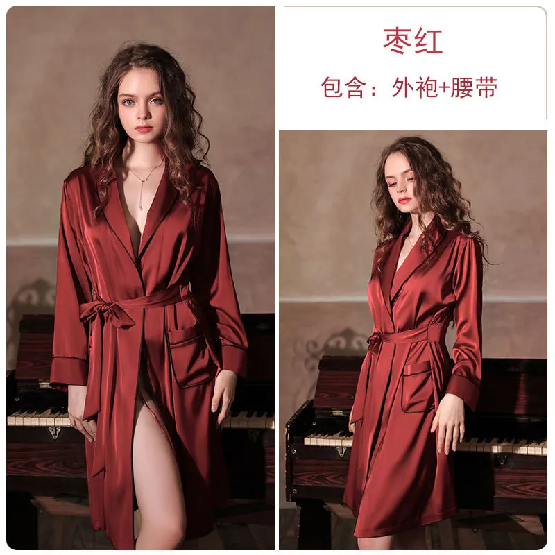 

European and American Home Wear Sexy Deep V Artificial Silk Private Room Mid-Length Nightgown Bathrobe Set satin for women