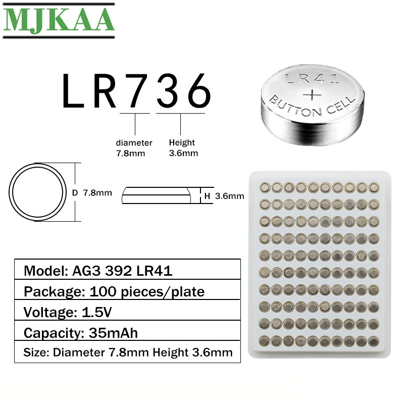 MJKAA 100 шт. AG3 Cell Coin 1 55 в щелочная батарея L736 384 SR41 192 SR41SW CX41 LR41 392 кнопочные батареи для