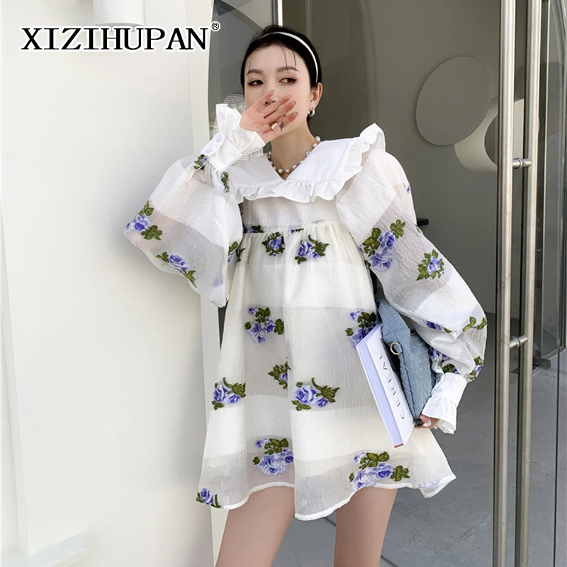 

XIZIHUPAN Sweet Print Dress For Women Peter Pan Collar Lantern Long Sleeve High Waist A Line Mini Dress Female 2021 Summer Style