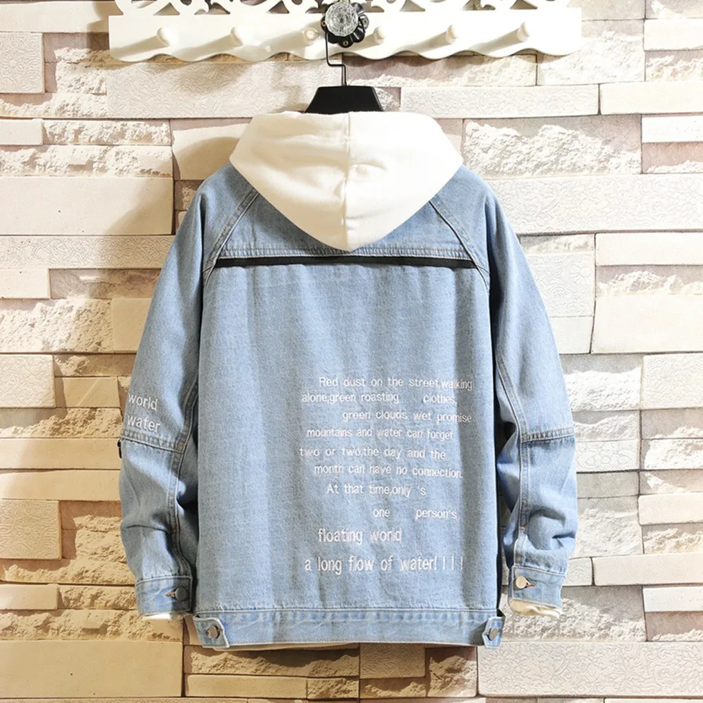 Men'sJackets весна осень поддельные две части Лоскутная джинсовая куртка с капюшоном