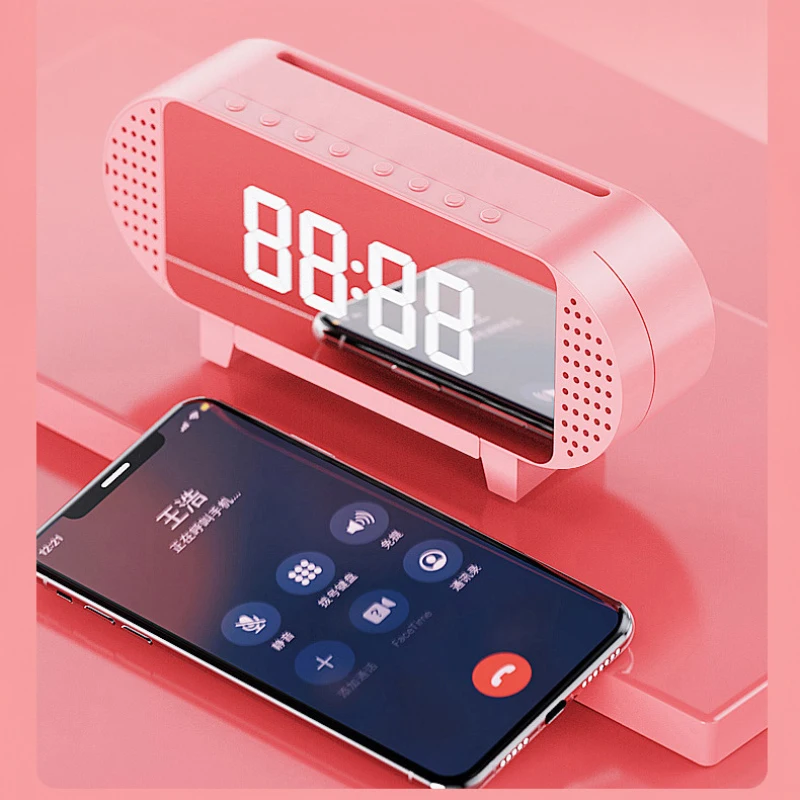 

Mini Desk Alarm Clock Digital Mirror LED Big Display Bedroom Snooze Timer Home Table Wireless Speaker Clock Support TF Cards