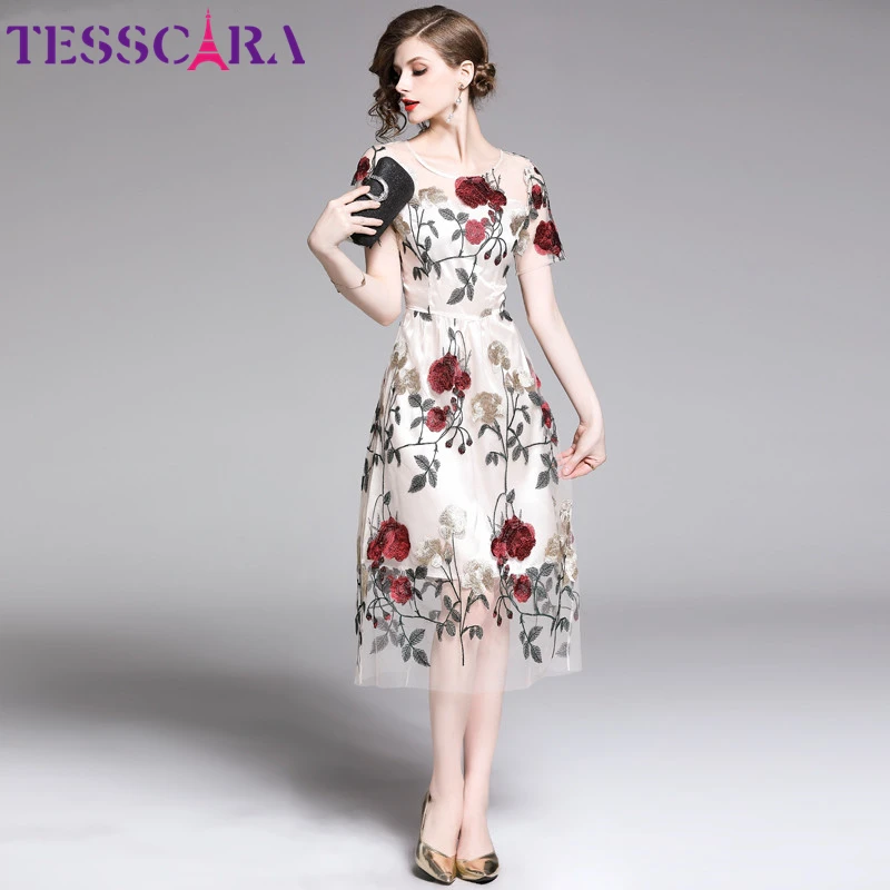 TESSCARA женское летнее стильное платье Цветочная вышивка с сеткой элегантное