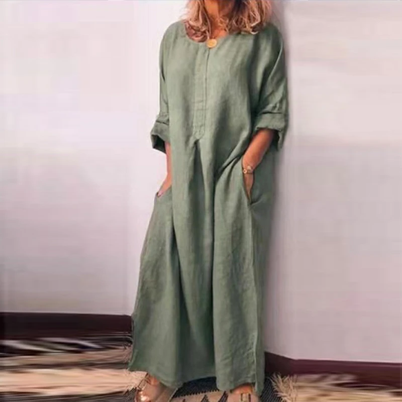 New Green Dress Хлопковое льняное белое платье макси для женщин, весеннее летнее свободное платье размера плюс с большим подолом, бохо платье, длинные платья с рукавом три четверти, кафтан 5XL - Цвет: New Green Dress