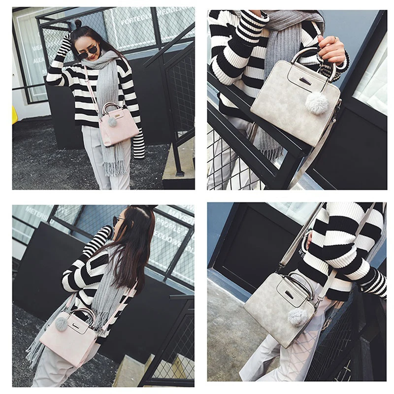 

Hot Sale Handbag Women Casual Tote Bag Female Large Shoulder Messenger Bags High Quality PU Leather Handbag With Fur Ball Bolsa