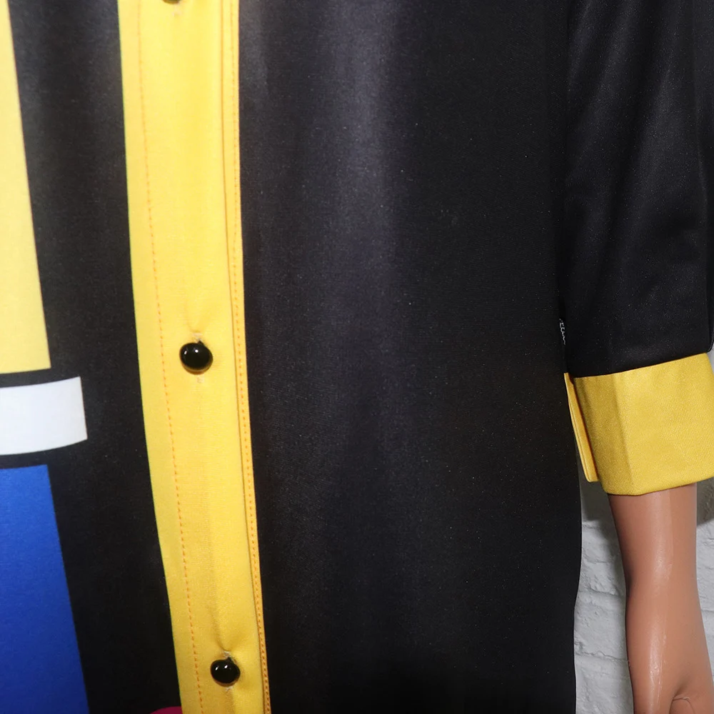 

African Women's Shirt Dress Robe Digital Printing Color Contrast Splicing Lapel Long Sleeve Single-breasted Western Style 2021