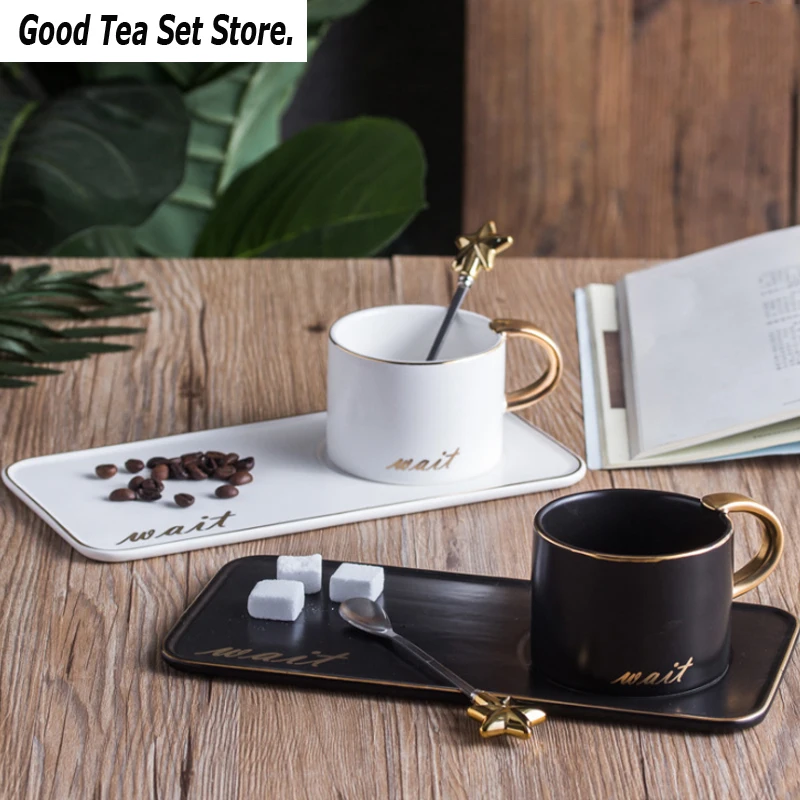 

Northern Europe Luxurious Ceramic Coffee Mugs with Saucer Plate Spoon Set Milk Tea Cup for Birthday Gifts Afternoon Tea Snack