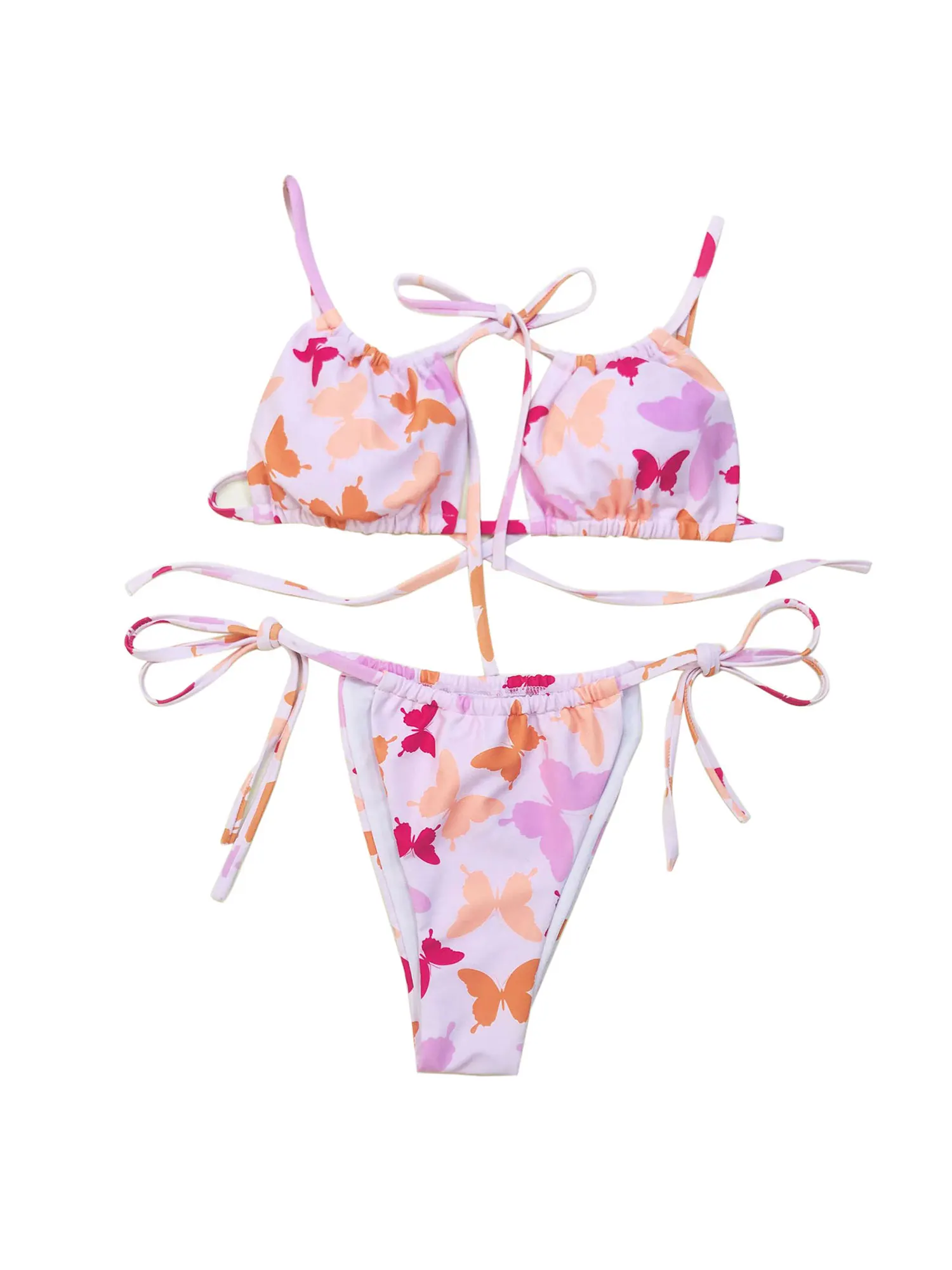 

Women Sexy Two Piece Split Bikinis Set Summer Butterfly Print Backless Camisole and Lace-Up Low Waist Thong Swimsuit Swimming