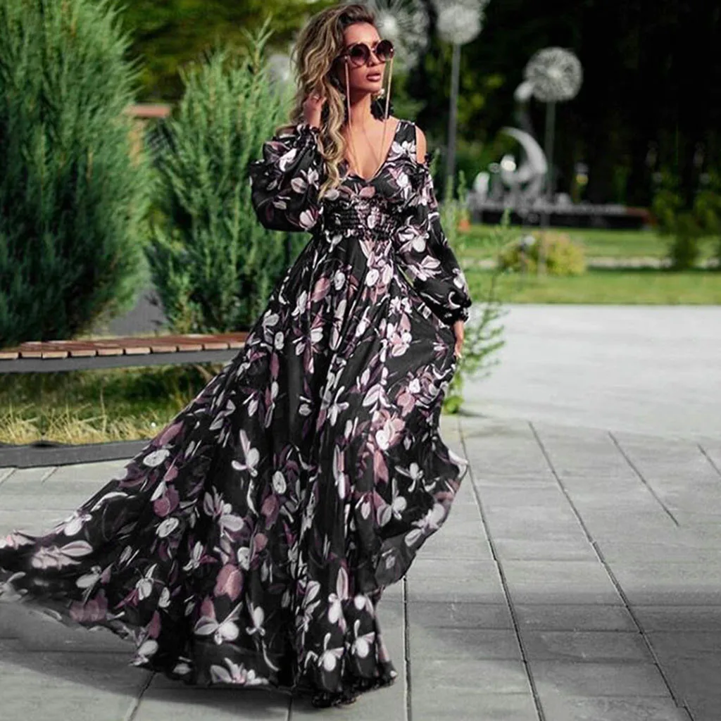 2019 женские платья модные с глубоким v-образным вырезом длинным рукавом цветочным