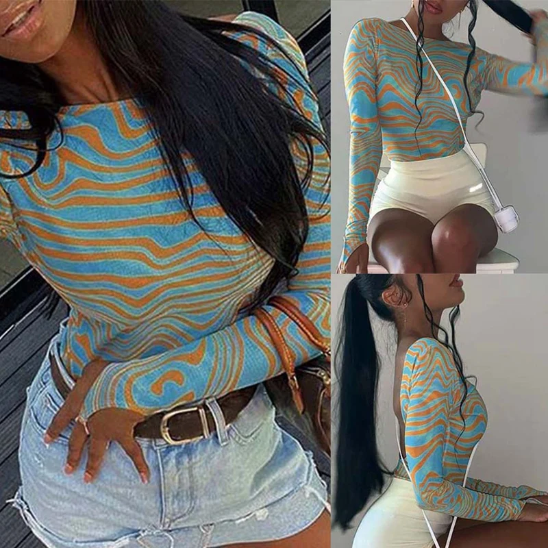 

Women Basic Bodysuit Fashion Irregular Stripes Print Long Sleeve Backless Slim Fit One-Piece Romper