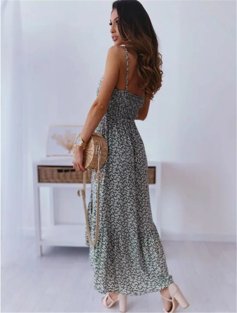 

Women Vintage O Neck Dress Summer Casual Flower Print A-Line Party Spaghetti Strap Vestidos Spring Fashion Long Dress 2021