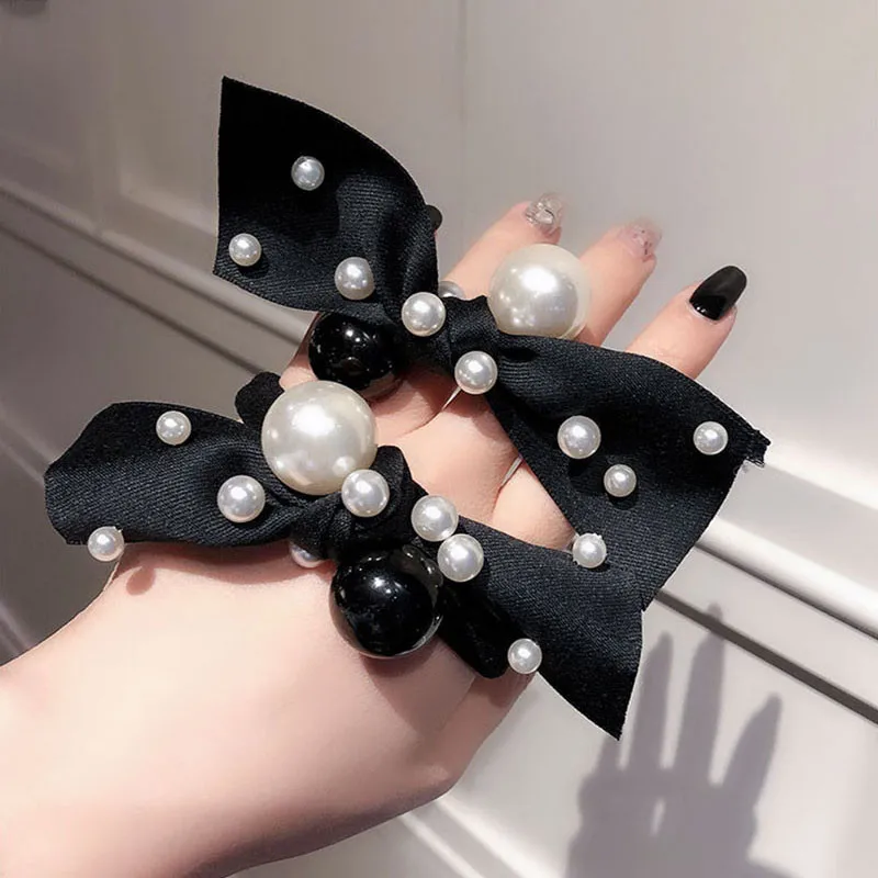 Эластичные резинки для волос с черным бантом модные женские имитацией жемчуга