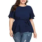 Женская шифоновая блузка, Повседневная Блузка с коротким рукавом, круглым вырезом, разрезом и оборками, лето 2020, размера плюс