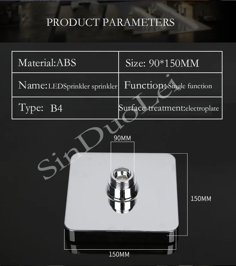 

6 inch square ABS LED shower head 7 color 150x90mm temperature sensor chrome top shower head replacement shower head
