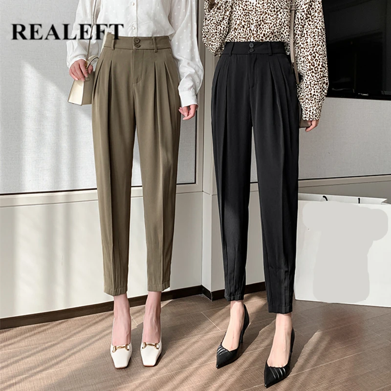 

REALEFT Autumn 2021 New Formal Women's Harem Pants Solid High Waist Ankle Length Female Button Workwear Elegant Chic Trouses