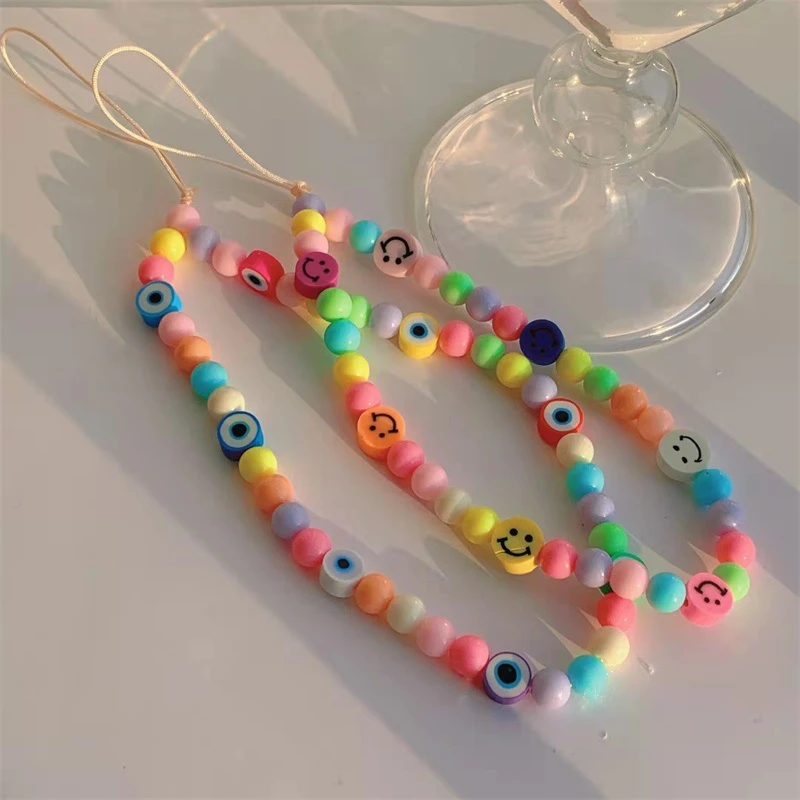 

Fashion Bohemian Demon Eyes Mixed Color Round Beads Soft Pottery Smiley Women Mobile Phone Chain Telephone Lanyard Jewelry Gifts