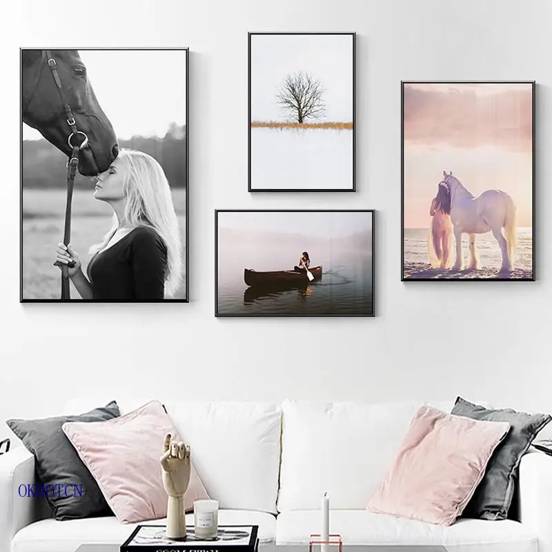 

Nordic Style Beautiful Landscape Canvas Painting Women Horse Posters And Prints Wall Pictures Decoration for Living Room