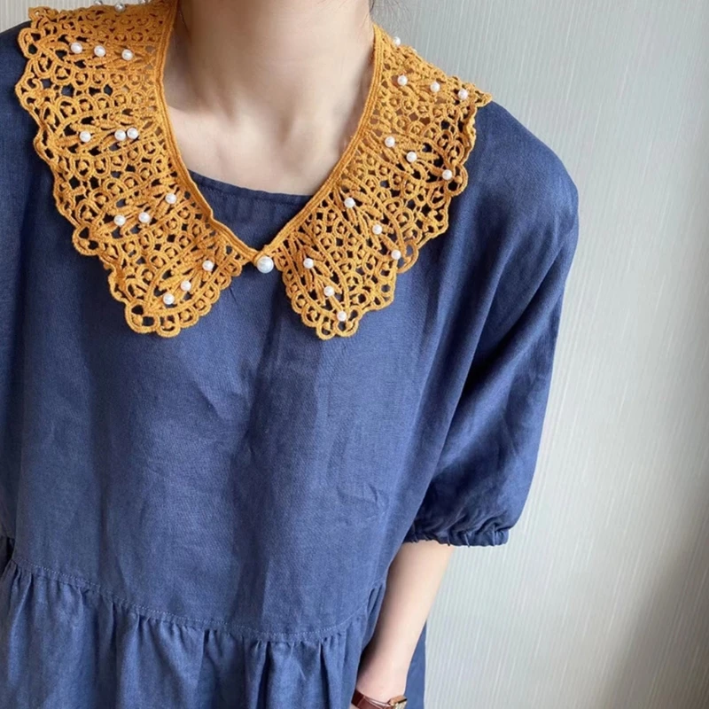 Hollow Out Knit Fake Collar Shawl Pearl Beading Scarf Necklace Lace Half Shirt M68C