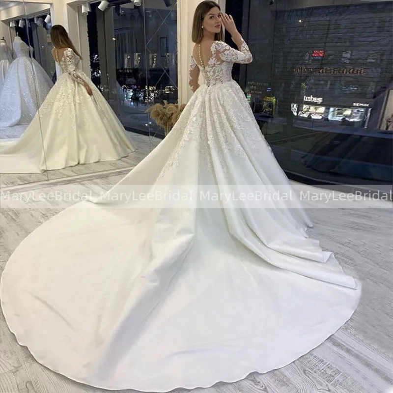 

Illusion Long Sleeves Wedding Dress Applique Ball Gown Sheer Scoop Neck Luxury Long Train Turkey Bride Vestito Da Festa Di Nozze