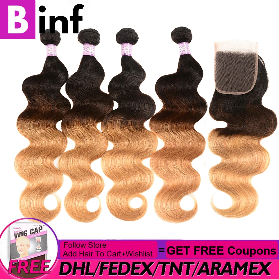 BINF пучки волос от светлого до темного цвета с закрытием бразильские волнистые